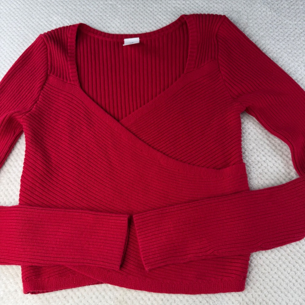 Hollister Red Ribbed Wrap Front Sweetheart Neck Cropped Sweater Small